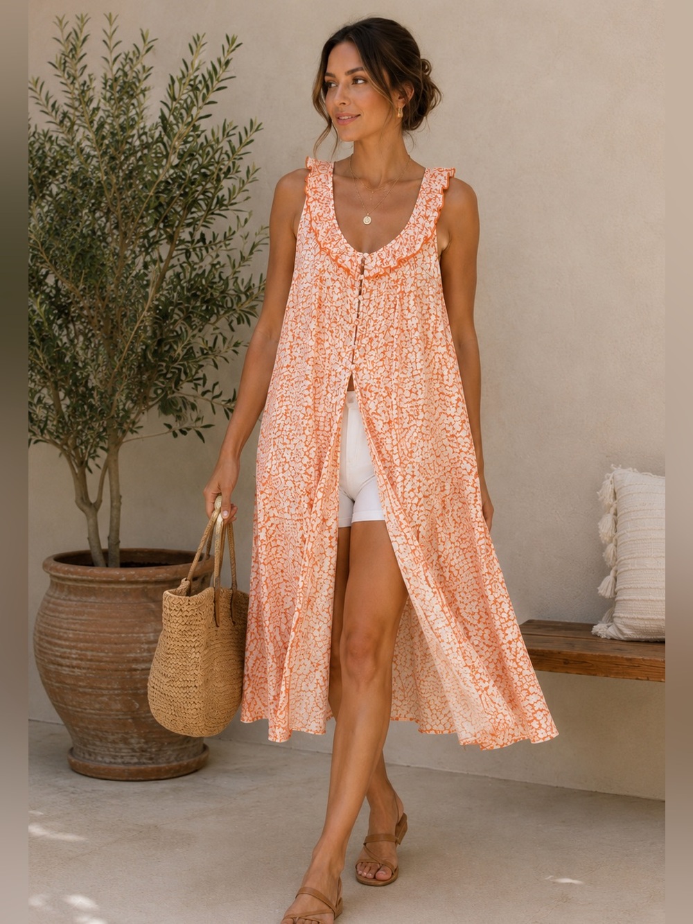 Anthropologie Orange Floral Ruffle Tie Back Midi Dress open front Small